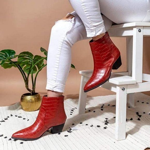 Shoes - Pointed Toe Embossed Crocodile Booties - Brick Red